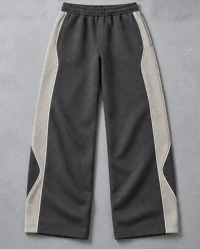 Charcoal wide-leg sweatpants with stone side panels laid flat